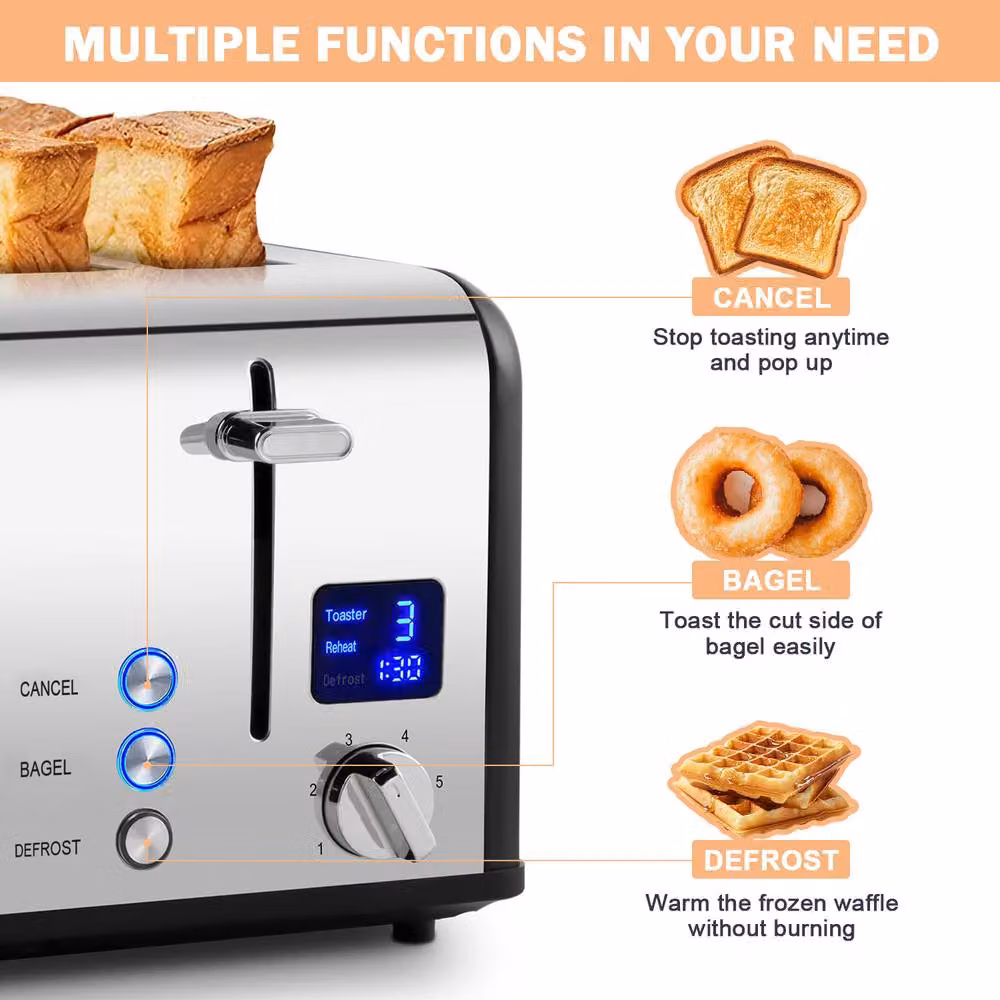 Cusimax 4 Slice Stainless Steel Toaster with Digital LED Display, 1650W, Black and Silver – 7