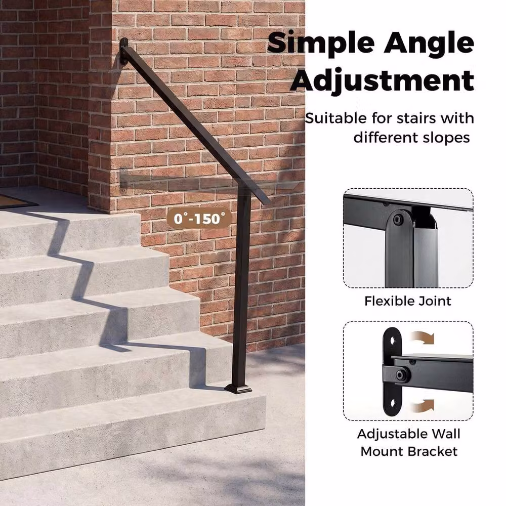 VOGREX Black Galvanised Steel 4-Step Wall Mounted Outdoor Stair Handrail – 5