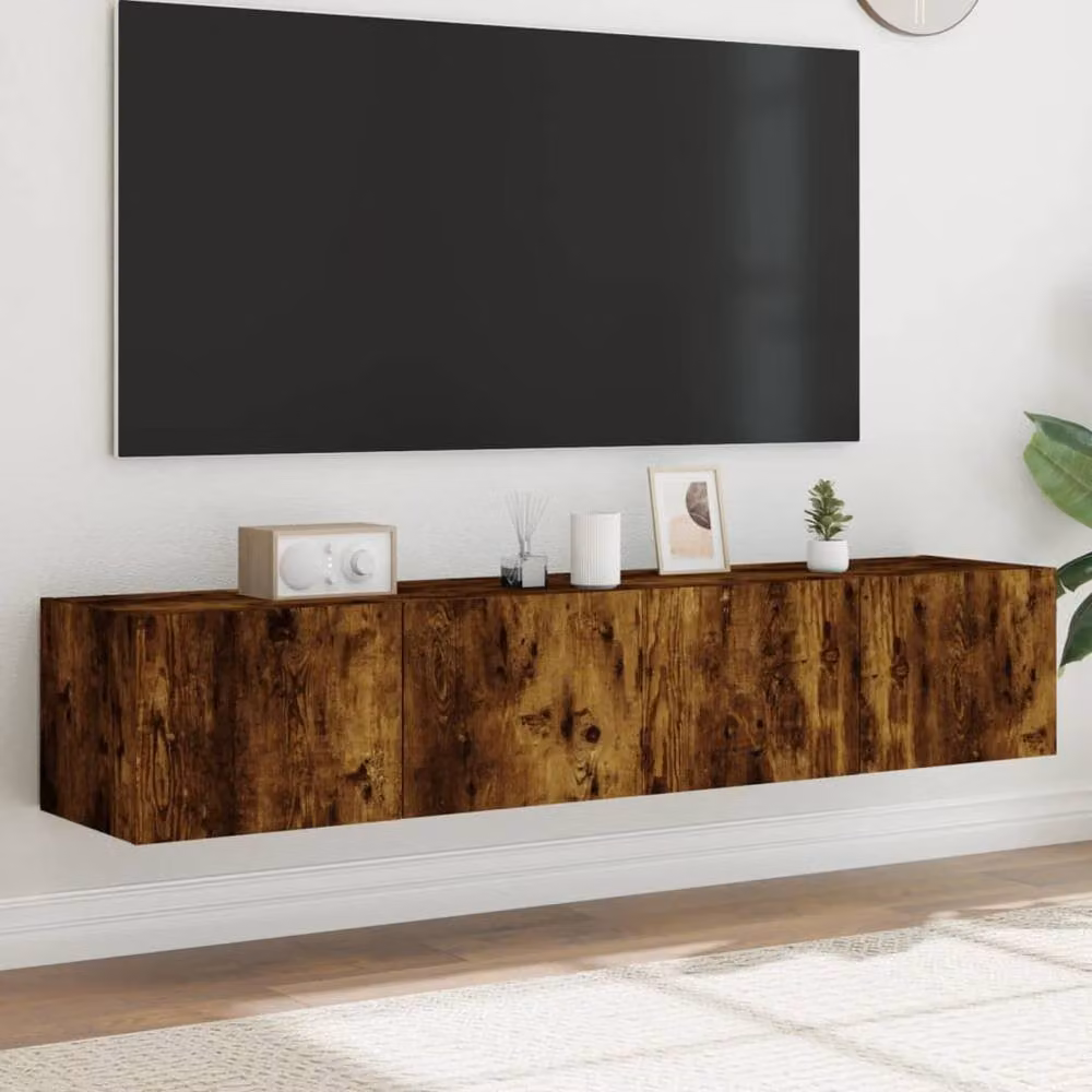 Berkfield Home Set of 2 Modern Smoked Oak TV Wall Cabinets with Integrated LED Lighting, Brown, W: 80 cm, D: 35 cm, H: 31 cm – 2