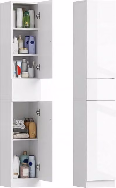 Kleankin Modern High Gloss Freestanding Tall Bathroom Cabinet with Adjustable Shelves in White