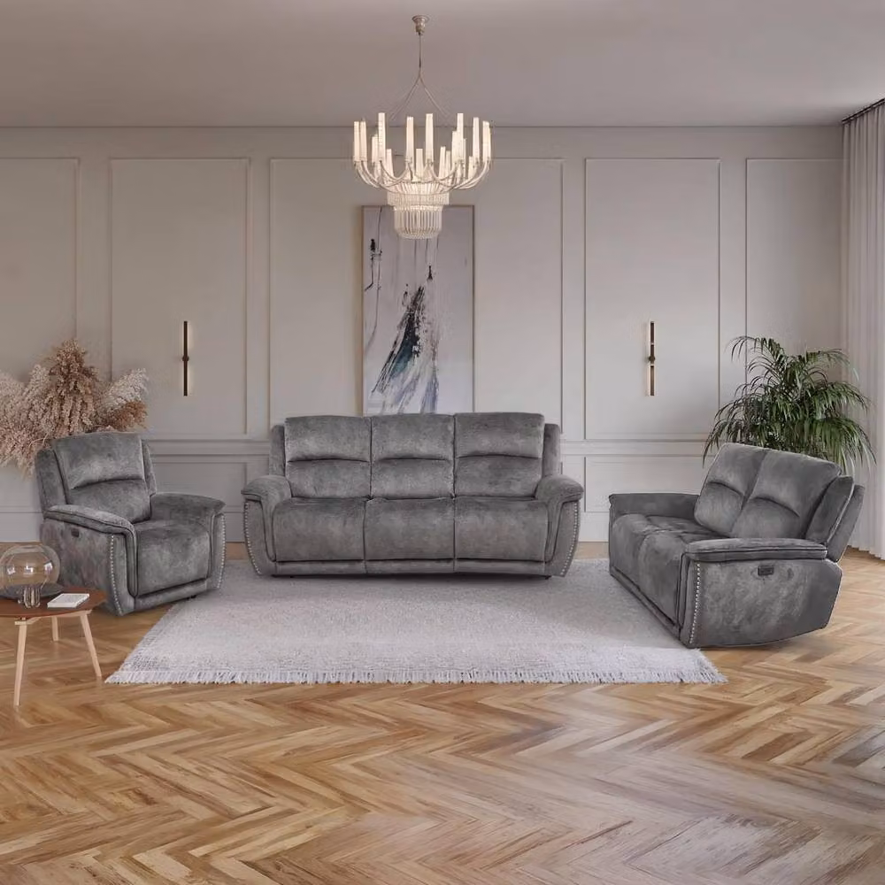 Furnishings For Less UK Mendoza Grey Plush Velvet 3 Piece Electric Reclining Sofa Suite with USB Charging – 2