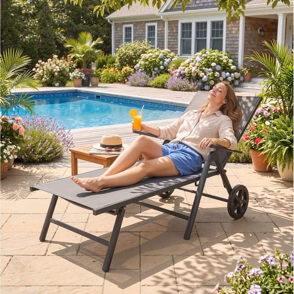 FORGEVIO Folding Sun Lounger with Wheels, 5-Position Adjustable Textilene Garden Chair in Grey – 4