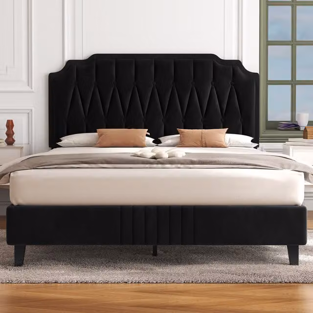 Yaheetech Art Deco Velvet Upholstered Bed Frame in Black, W/D/H: 140 x 200 cm