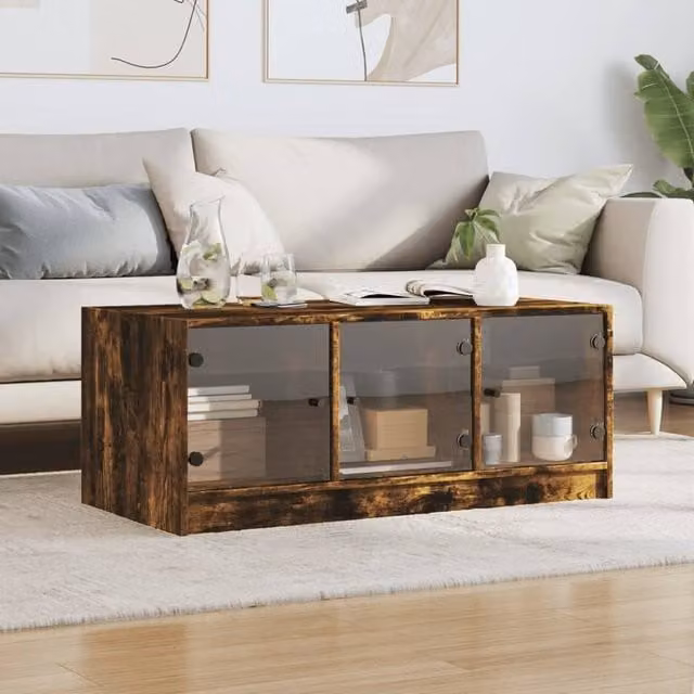 Berkfield Home Modern Coffee Table with Glass Doors in Smoked Oak Brown, W: 102 cm, D: 50 cm, H: 42 cm – 1