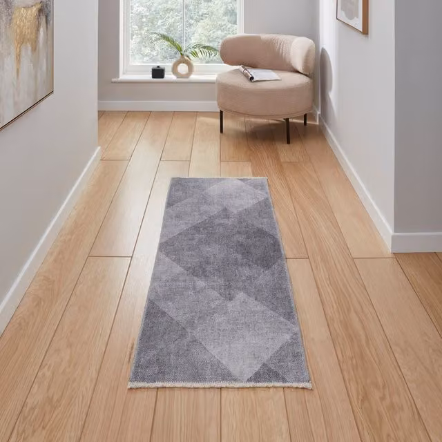 Terrys Grey Geometric Modern Flat Weave Washable Polyester Runner