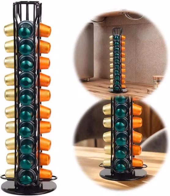 Havendro Rotating Metal Coffee Capsule Display Holder, Black, Holds 40 Capsules