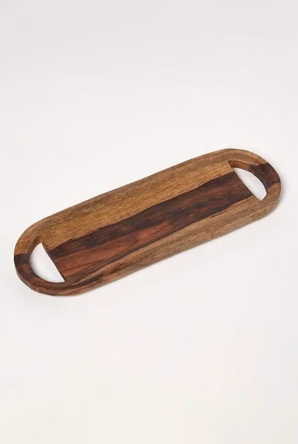 Homescapes Rectangular Solid Mango Wood Serving Tray and Charcuterie Board with Handles in Brown
