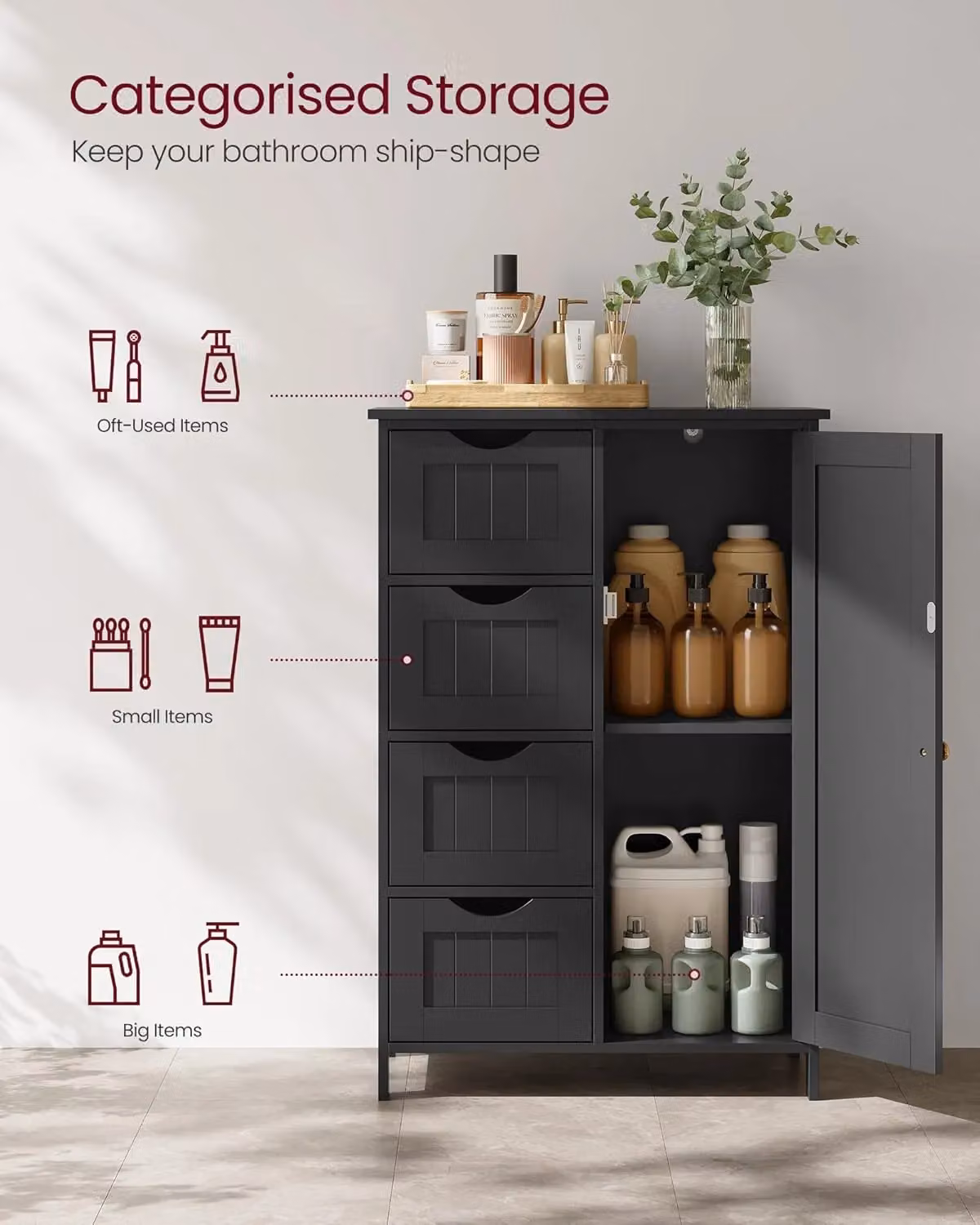 VASAGLE Black Minimalist Bathroom Floor Storage Cabinet with 4 Drawers and 1 Hinged Door – 3