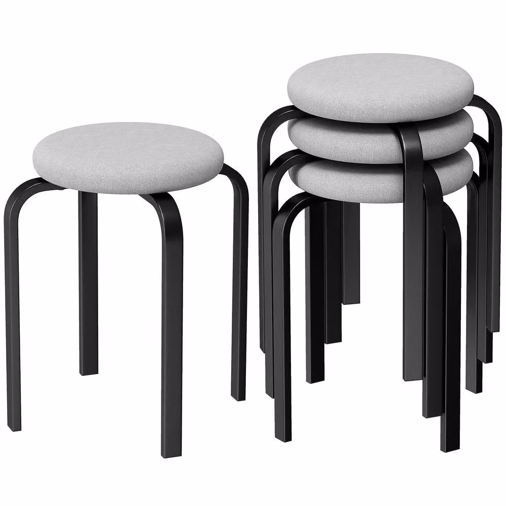 STILVORA Set of 4 Stackable Modern Stools with Grey Fabric Cushioned Seats and Metal Frames – 2