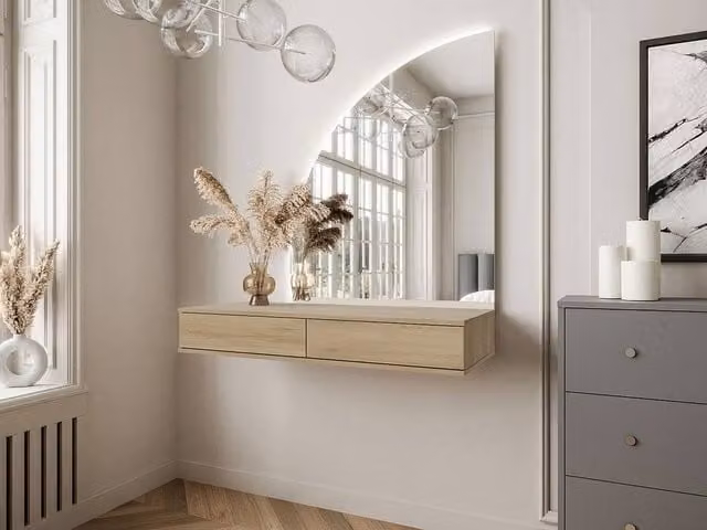 Vente-unique Wall-Mounted Dressing Table with LED Mirror and 2 Drawers in Brown Light Oak – 1