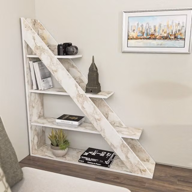 Decorotika Pisagor 4-Tier Corner Bookshelf in White and Grey Marble Effect