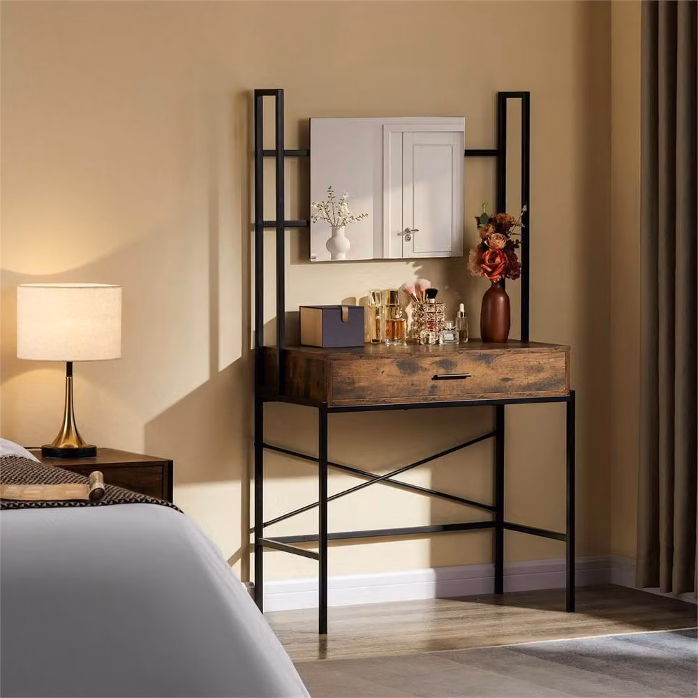 PAWNORA Industrial Wooden Dressing Table with Mirror in Brown – 4