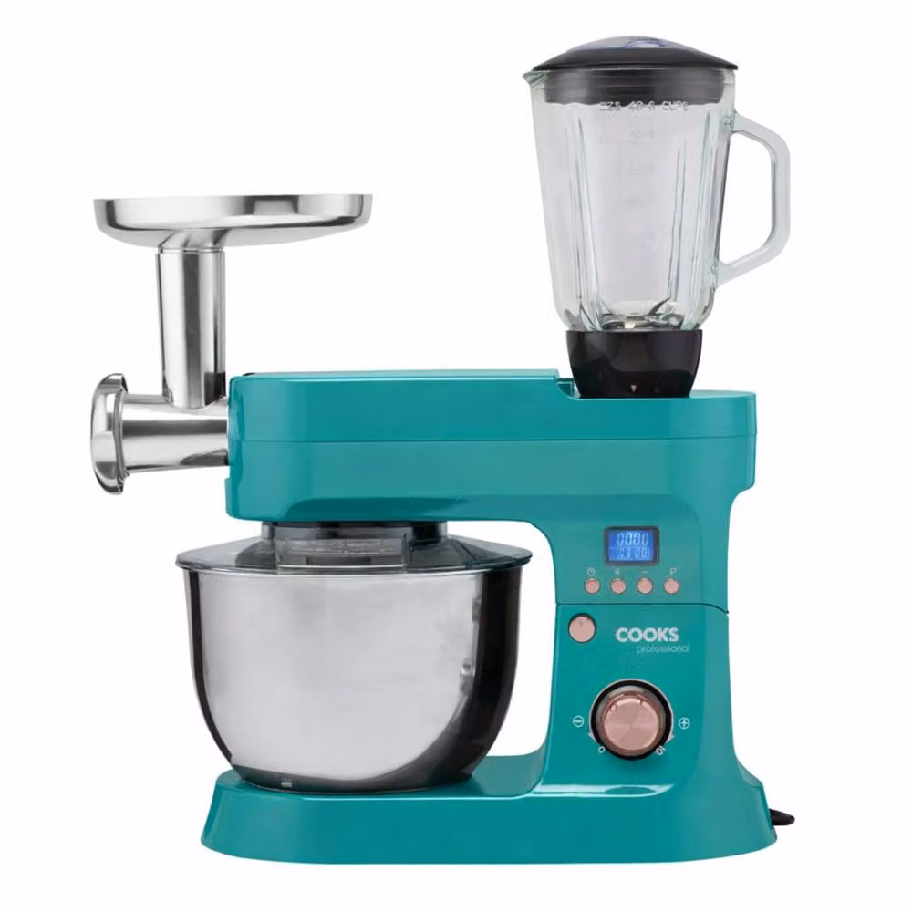 Cooks Professional Multifunction Stand Mixer 1200W with Mincer and Blender, 6.2L Stainless Steel Bowl, Petrol and Gold – 3