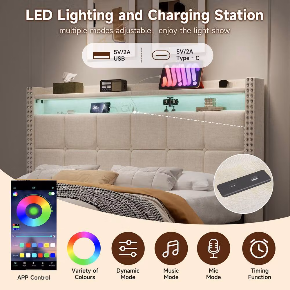 Rolipo Double Linen Upholstered Bed in Beige with Storage Drawers, LED Under-Bed Lighting and USB Charging Port, W/D/H: 140 x 200 cm – 3
