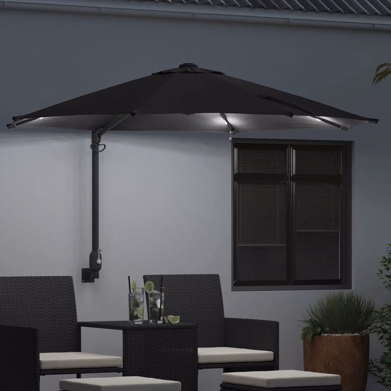 Berkfield Home Wall-mounted Garden Parasol with LEDs in Black, Diameter: 248 cm – 3