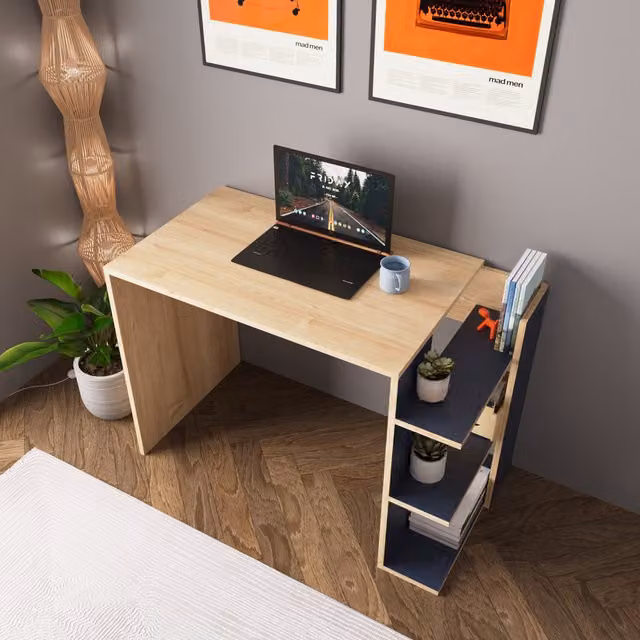 Bimossa Modern Rectangular Writing Desk in Brown and Blue Oak Wood, Width: 106.8 cm