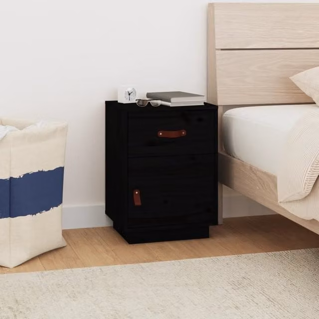 Berkfield Home Black Solid Wood Pine Bedside Cabinet W: 40 cm, D: 34 cm, H: 55 cm – 1