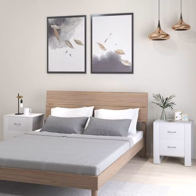 HOMCOM Set of 2 Modern White Bedside Tables with 2 Drawers and Elevated Base