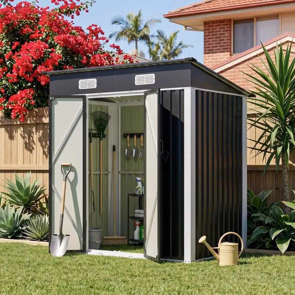 Kelvenix Black Metal Pent Roof Garden Shed with Single Door and Roof Vent, W/D/H: 182.88 x 121.92 x 181.0 cm – 6