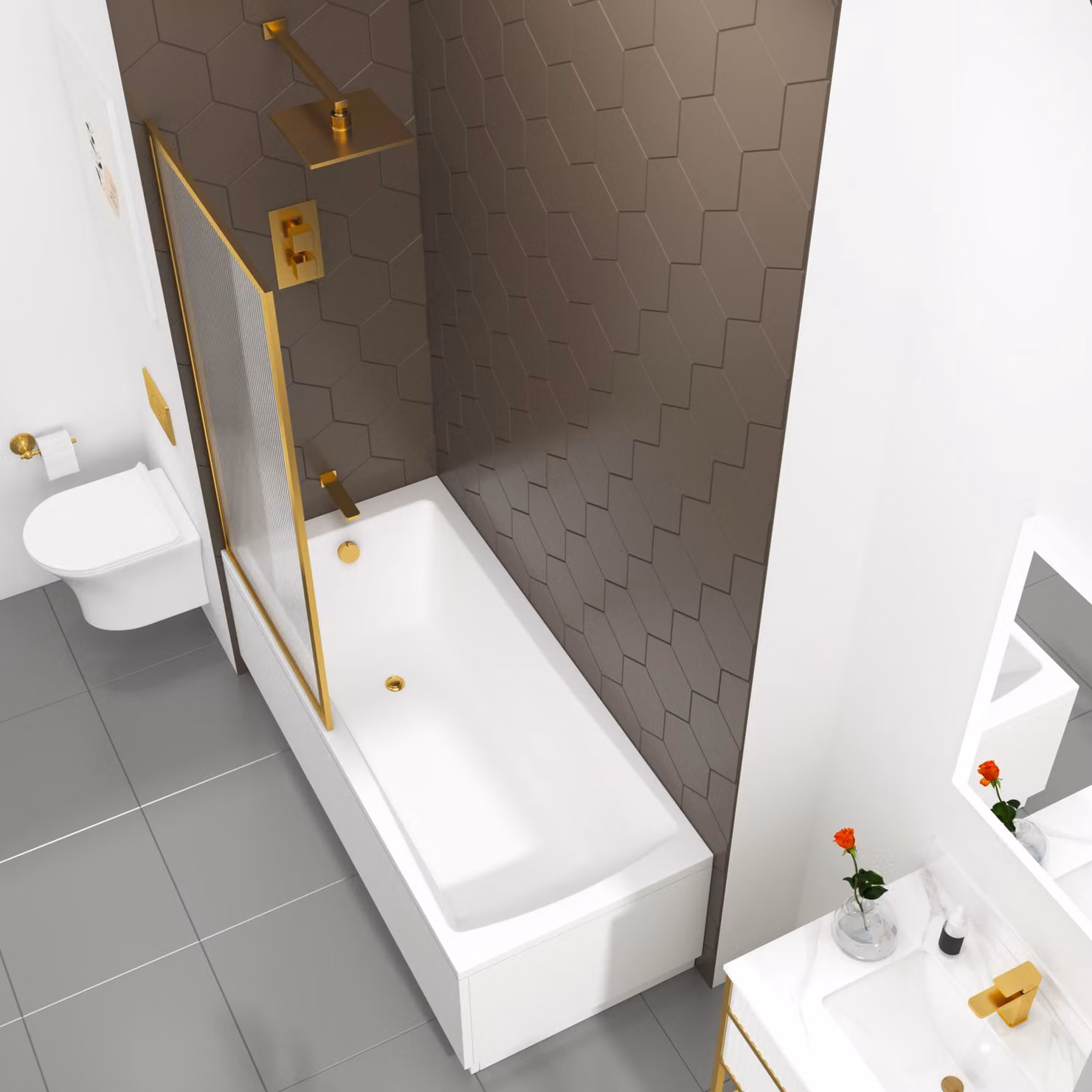 Royal Bathrooms Cesar Square Single Ended Acrylic Shower Bath in White with Brushed Brass Framed Fluted Screen, W: 180 x D: 80 cm