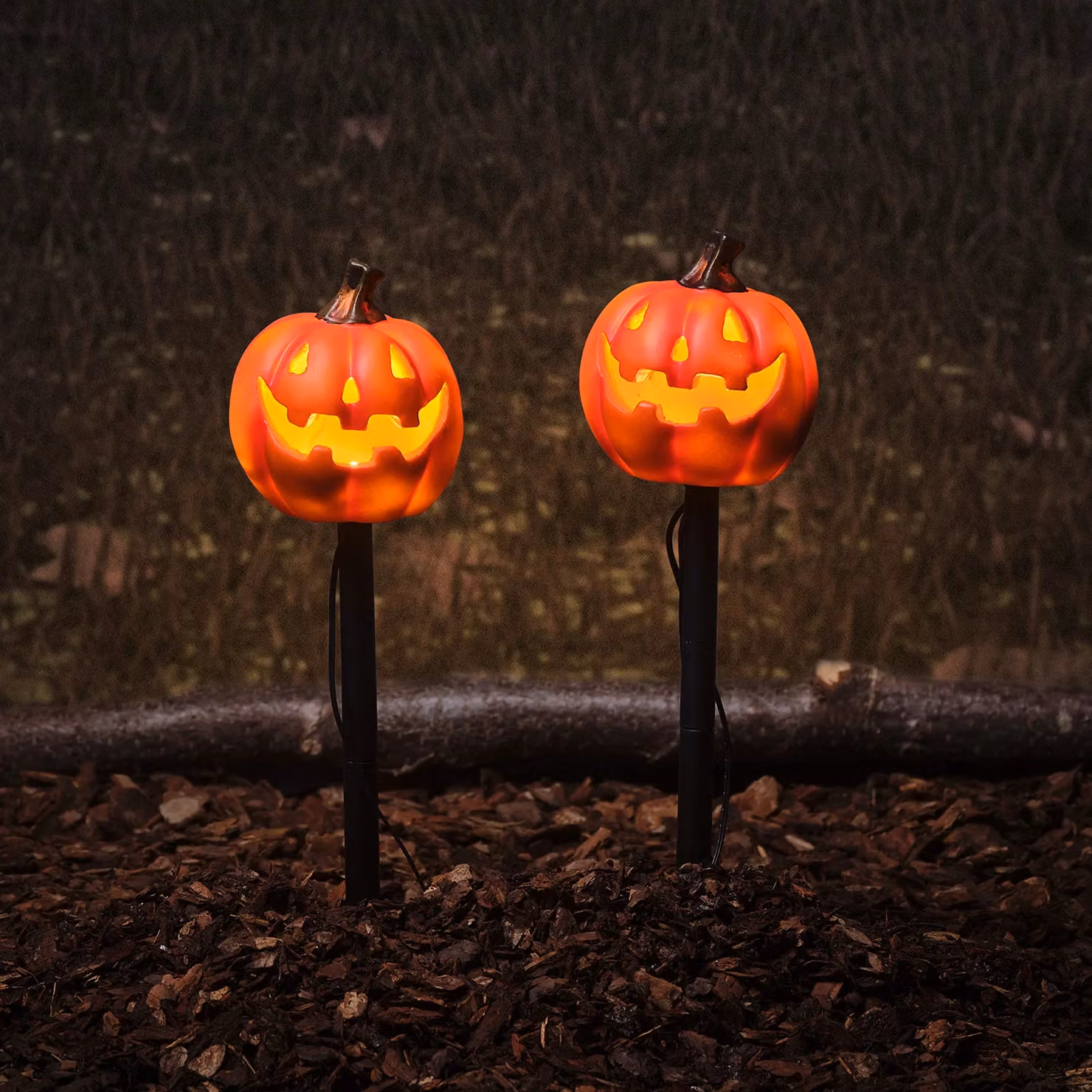 Lights4fun Set of 2 Orange Resin Halloween Pumpkin Stake Lights