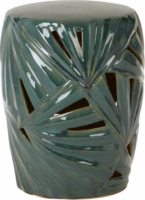 Orsina Green Ceramic Table with Floral Motif and Glazed Stoneware Stool