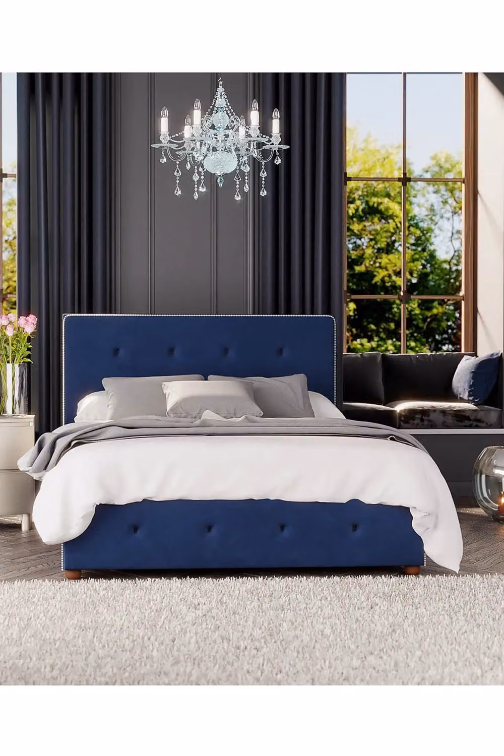 Laurence Llewelyn-Bowen Hesper Ottoman Storage Bed in Navy Blue Plush Velvet Fabric, Size: Double (140 x 200 cm) – 4
