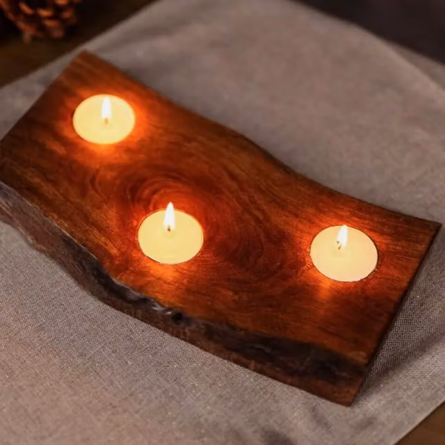 Marco Paul Classic Rectangular Wood Tealight Candle Holder in Brown