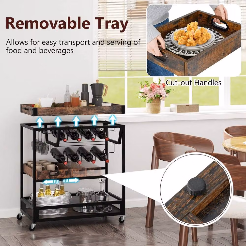 VOGREX Brown 3-Tier Industrial Kitchen Storage Trolley with Castors and Removable Tray – 4