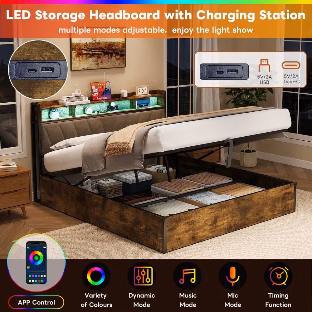 Matteo King Bed Frame with Hydraulic Storage, RGB LED Headboard and USB Charging Ports, W/D/H: 180 x 200 cm – 3
