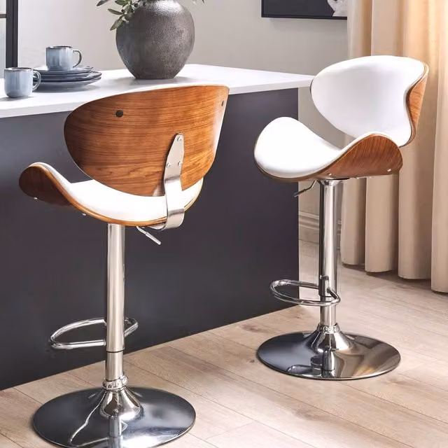 Wyld and Coco Set of 2 Modern Mid-Century Swivel Bar Stools in White Faux Leather with Dark Wood Look Finish