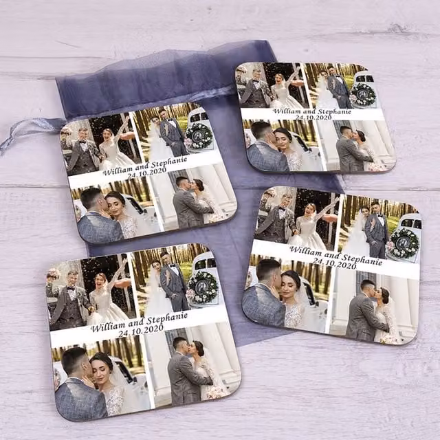 Uniqueful Personalised Wedding Coasters Set of 4, Multicolour Square Hardboard Coasters