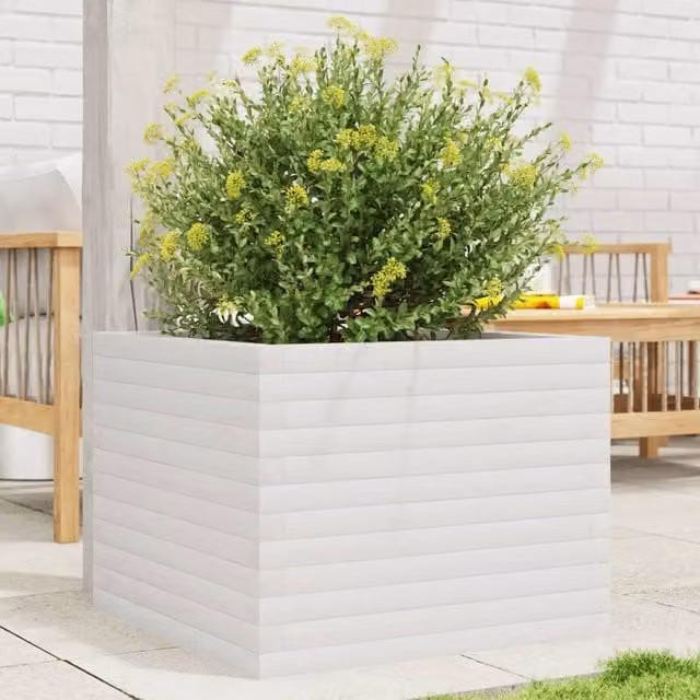 Berkfield Home White Solid Wood Pine Garden Planter Tub W: 60 cm, D: 60 cm, H: 45.5 cm