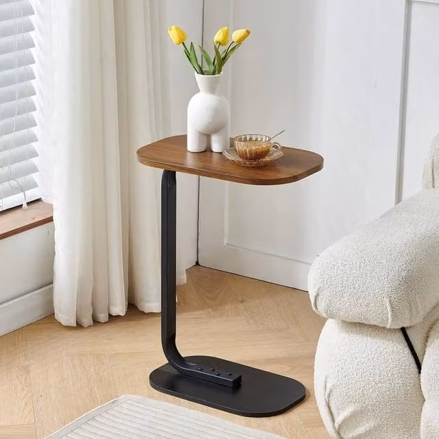 FORGEVIO Modern Oval C-Shaped Walnut Side Table with Sled Base