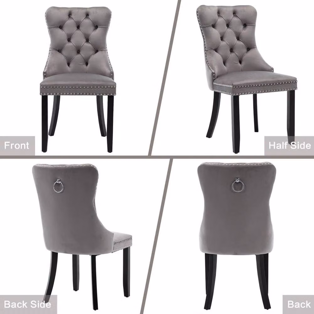 SPETLEK Set of 2 Grey Velvet High Back Dining Chairs with Wooden Legs – 3