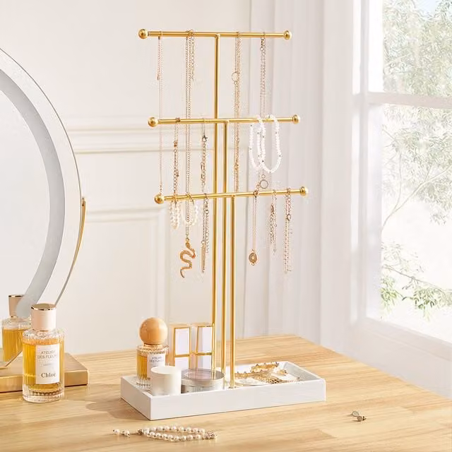 Livingandhome Freestanding 3-Tier Metal Jewelry Display Stand with Shelf, White