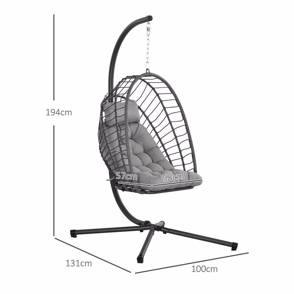 ERGOVEXA Modern Outdoor PE Rattan Egg Swing Chair with Stand and Cushions, Light Grey – 2