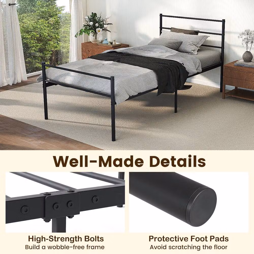Gymax Single Size Metal Platform Bed Frame with Headboard and Slat Support, Black, 90 x 200 cm – 5