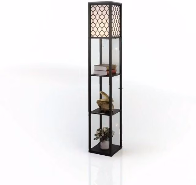 Simple Designs Modcraft 3 Tier Wood Floor Lamp with Storage Shelves in Black