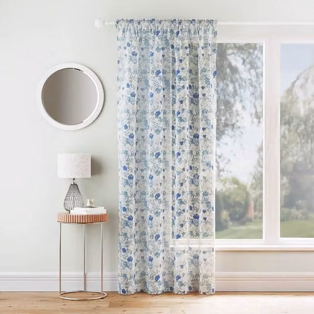 Coopers of Stortford Blue Floral Voile Fabric Curtain Panel, Width: 137 cm