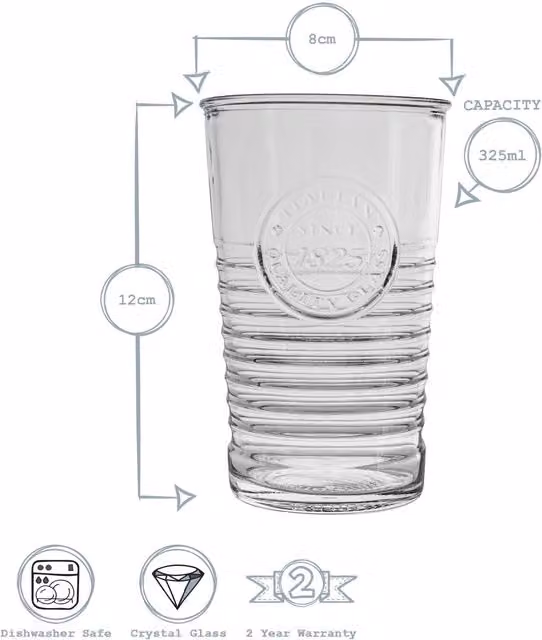 Bormioli Rocco Officina 1825 Highball Tumbler Glasses, Clear, 325ml, Pack of 12