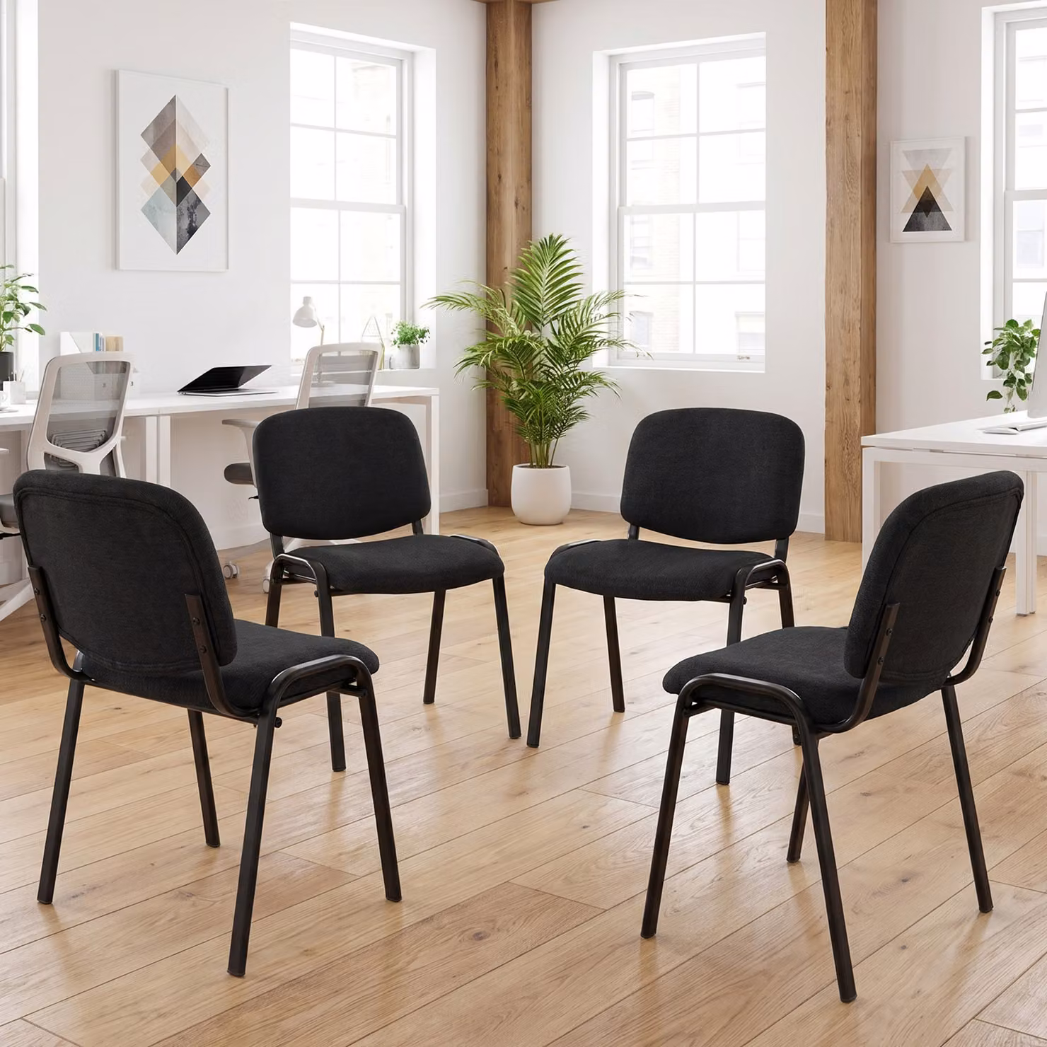 HOMCOM Set of 4 Stackable Linen-Look Fabric Reception Chairs in Black for Home or Office – 2