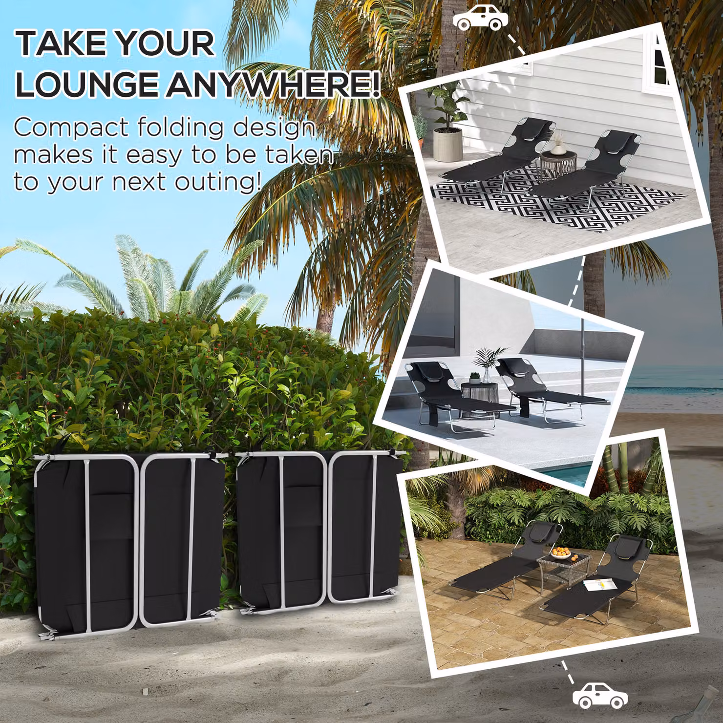 Outsunny Set of 2 Foldable Sun Loungers in Black with Textilene Fabric and Powder Coated Steel Frame – 6