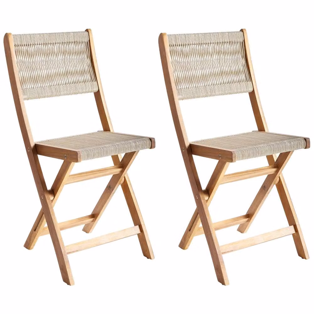 Wyld and Coco Set of 2 Beige Acacia Wood Folding Garden Chairs with Rope Detail – 2