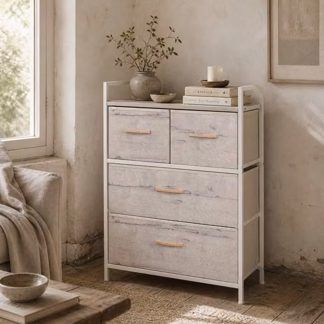 Wyld Haus Palike 4 Drawer Fabric Chest with Wood Effect Top in White and Grey