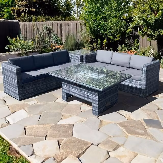 Oseasons Malta Rattan 6 Seat Rising Firepit Corner Set in Ocean Grey