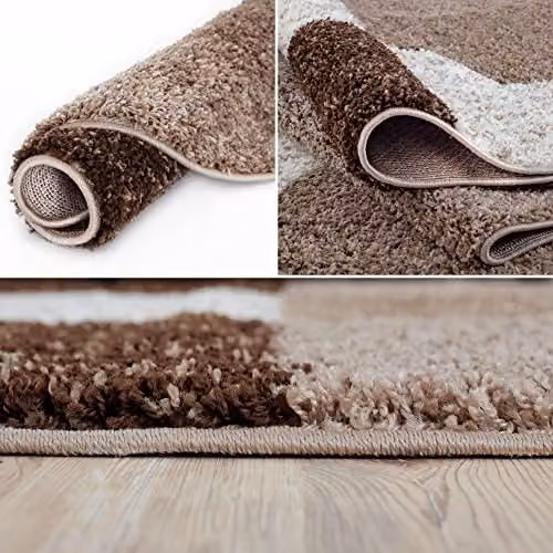 THE RUGS Modern Brown Checked Round Shaggy Area Rug, Diameter: 120 cm – 3