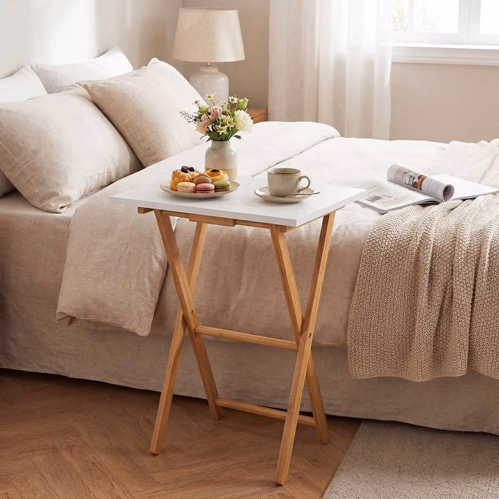Gymax 2 Pack Folding Bamboo TV Tray Tables in White – 3