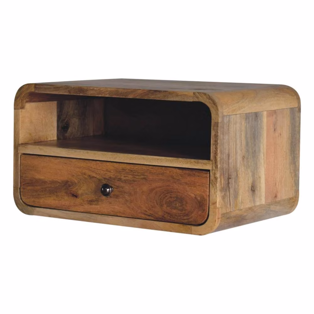 Direct Wicker Solid Wood Oak-ish Curve Floating Bedside Table in Brown with 1 Drawer and Open Slot – 2