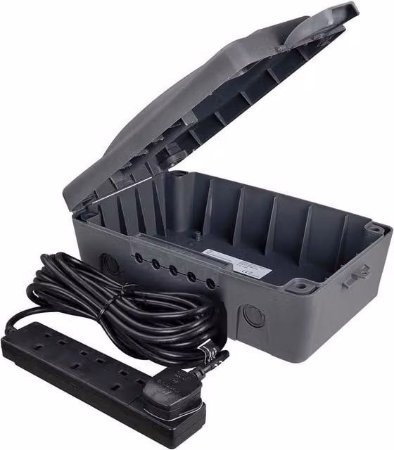Masterplug Weatherproof Box with 10m 240v 4-way Bar UK Plug, Grey and Multicolour